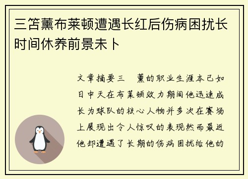 三笘薰布莱顿遭遇长红后伤病困扰长时间休养前景未卜